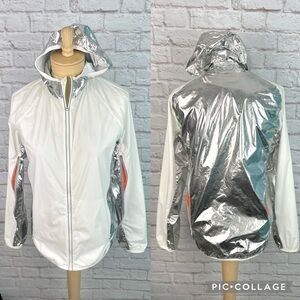 Tory Burch Sport Metallic Nylon Zip Performance Reflective White Jacket Size M
